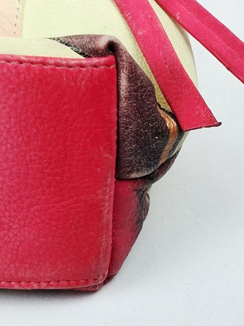 Retro 60s 70s Red Cream Floral Genuine Soft Leather Shoulder Bag Double Handle - Picture 13 of 16